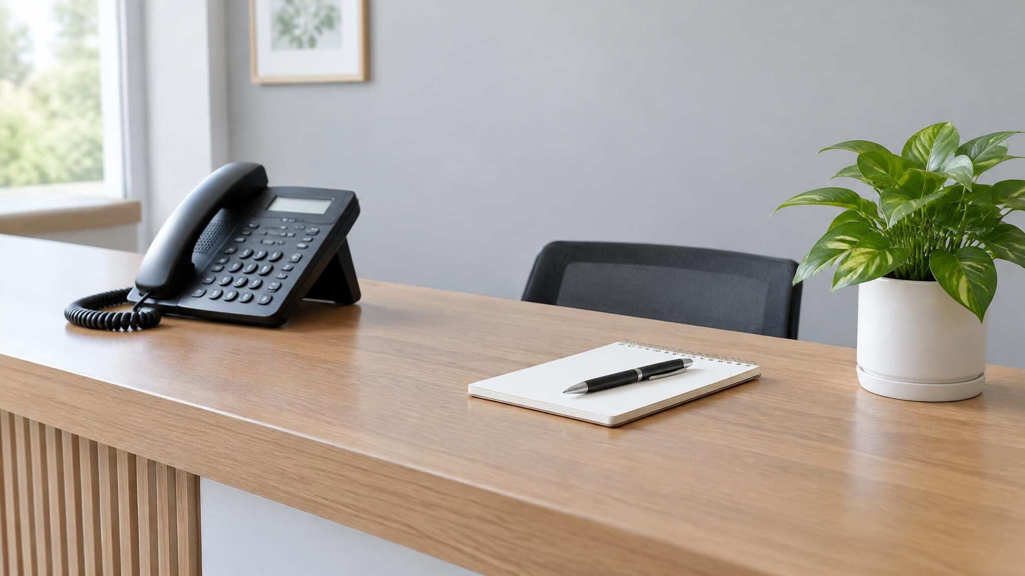 Reception desk with a telephone, a notepad and a small plant