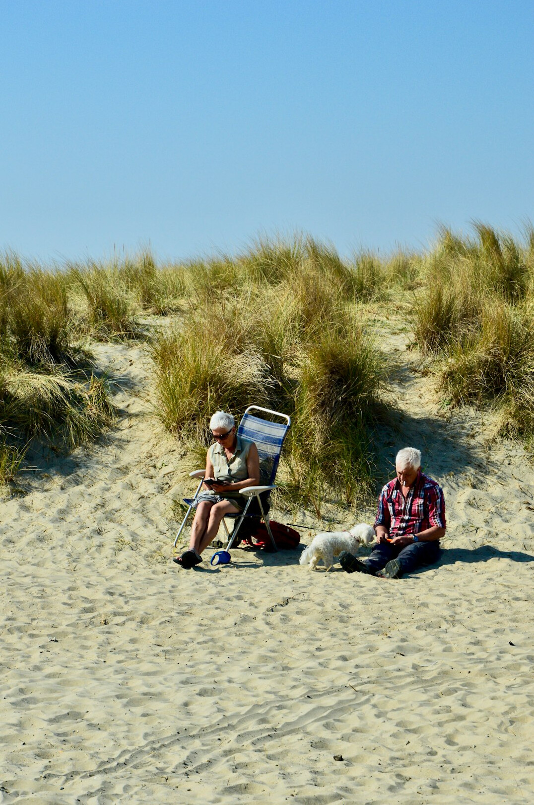 retired couple relaxing on beach