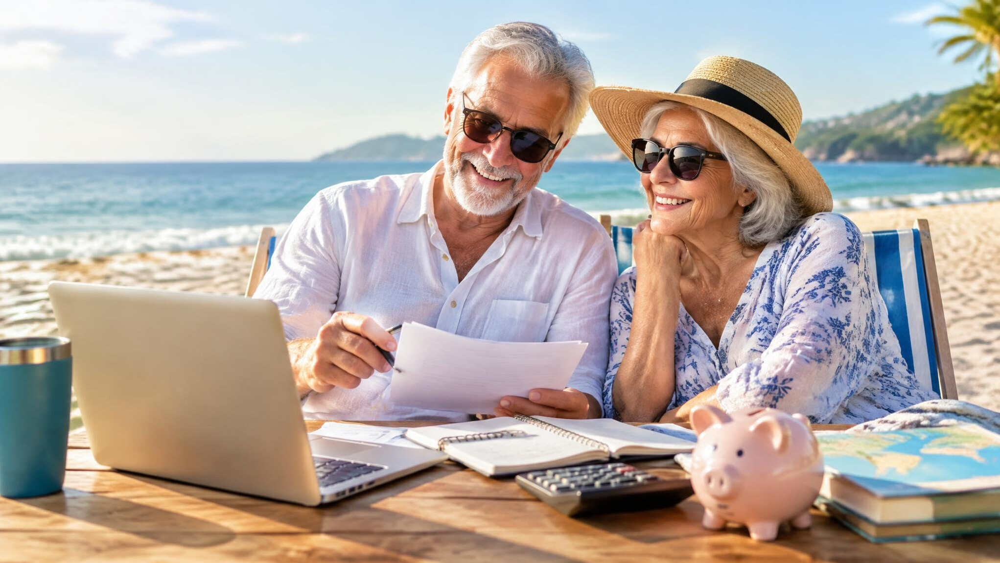 retired couple relaxing on beach